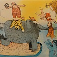 Janosch "Der Elefant steht hier im Licht, doch seinen Kummer sieht man nicht" Radierung 40 x 50 cm
