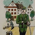 Janosch "Die Moridät eines gewissen Gendarm Schmidt"  Mischtechnik auf Papier 19 x 14 cm