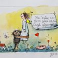 Janosch "Ich habe mir einen ganz echten Engel gefangen" Handcolorierter Entwurf 35 x 35 cm