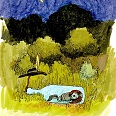 Janosch "Schnudel Nachts in der Flasche" Mischtechnik 20 x 15 cm