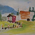 Josef Arnold "Prozession in Oberperfuss" Mischtechnik 18 x 28 cm