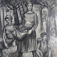 Lore Arnold "Apfelernte" Kohlezeichnung 52 x 46 cm