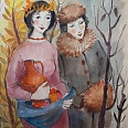 Lore Arnold "Freundinnen- Allegorie auf Herbst und Winter" Aquarell 49 x 41 cm