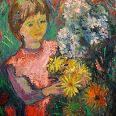 Max Spielmann "Mädchen mit Blumen" 1953 Öl auf Leinwand 60 x 54 cm