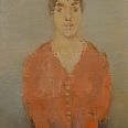 Norbert Drexel "Dame mit oranger Jacke" 1974 Öl auf Leinwand 25 x 18 cm