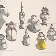 Paul Flora "Marionette mit acht Figuren" Radierung 39,5 x 44,5 cm