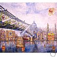 Thitz Urban Bag Art "London at Millenium Bridge" 2021 Acrylfarben und recycelte Papiertüten auf Leinwand 120 x 160 cm