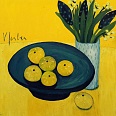 Veronika Gerber "Blaue Schale mit Grapefruit und Blumenvase" Öl auf Leinwand 80 x 80 cm