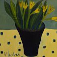 Veronika Gerber "Blaues Blumenstillleben mit gelben Blumen" Öl auf Leinwand 30 x 30 cm