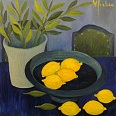 Veronika Gerber "Blaues Zitronenestillleben am Tisch" Öl auf Leinwand 80 x 80 cm