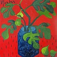 Veronika Gerber "Feigenzweig in blauer Vase auf rotem Grund" Öl auf Leinwand 50 x 50 cm