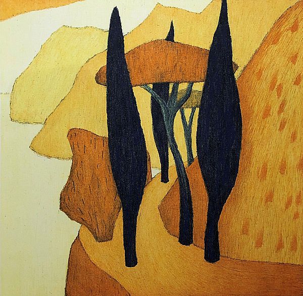 Veronika Gerber "Gelbe Gardaseelandschaft mit Zypressen und Pinien" Lithografie 40 x 40 cm (Steindruck Stecher & Stecher)