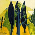 Veronika Gerber "Gelbe Landschaft mit Burgberg Arco" 50 x 50 cm Öl auf Leinwand