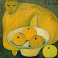 Veronika Gerber" Katze mit Grapefruitschale" Öl auf Leinwand 40 x 40 cm
