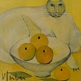 Veronika Gerber "Katze mit Orangen" Öl auf Leinwand 50 x 50 cm I