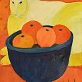 Veronika Gerber "Oranges Stillleben mit Katze" Öl auf Leinwand 40 x 40 cm