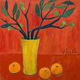 Veronika Gerber "Rotes Stilleben mit Feigen und Orangen" Öl auf Leinwand 80 x 80 cm
