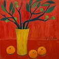 Veronika Gerber "Rotes Stilleben mit gelbem Krug, Feigen und Orangen" Öl auf Leinwand 80 x 80 cm