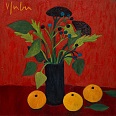 Veronika Gerber "Rotes Stilleben mit Herbststrauß und Orangen" Öl auf Leinwand 80 x 80 cm