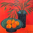 Veronika Gerber "Rotes Stilleben mit Vogelbeeren und blauer Schale mit Orangen" Öl auf Leinwand 80 x 80 cm