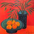 Veronika Gerber "Rotes Stilleben mit Vogelbeeren und blauer Schale mit Orangen" Öl auf Leinwand 80 x 80 cm W
