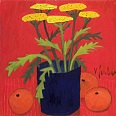 Veronika Gerber "Rotes Stillleben mit Schafgarben und Orangen" Öl auf Leinwand 50 x 50 cm
