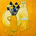 Veronika Gerber "Stilleben mit Katze" Öl auf Leinwand 100 x 100 cm