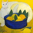 Veronika Gerber "Stillleben mit Katze und blauer Schüssel mit Zitronen" Öl auf Leinwand 50 x 50 cm