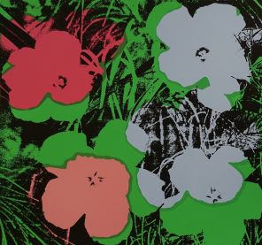 Andy Warhol by Sunday B. Morning Flowers schwarz-grün mit rosa, lila und gelben Blumen Siebdruck web