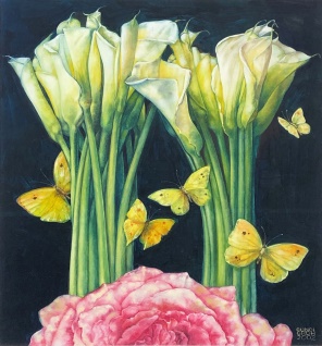 Gundi Groh Blumen und Schmetterlinge Öl 51 x 45 cm
