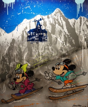 Michel Friess "Mickey & Minnie Ski" Mischtechnik, 100 x 80 cm